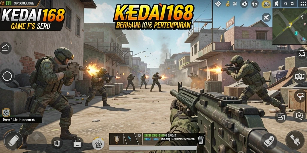Gameplay KEDAI168 menampilkan aksi mendebarkan di medan perang FPS.