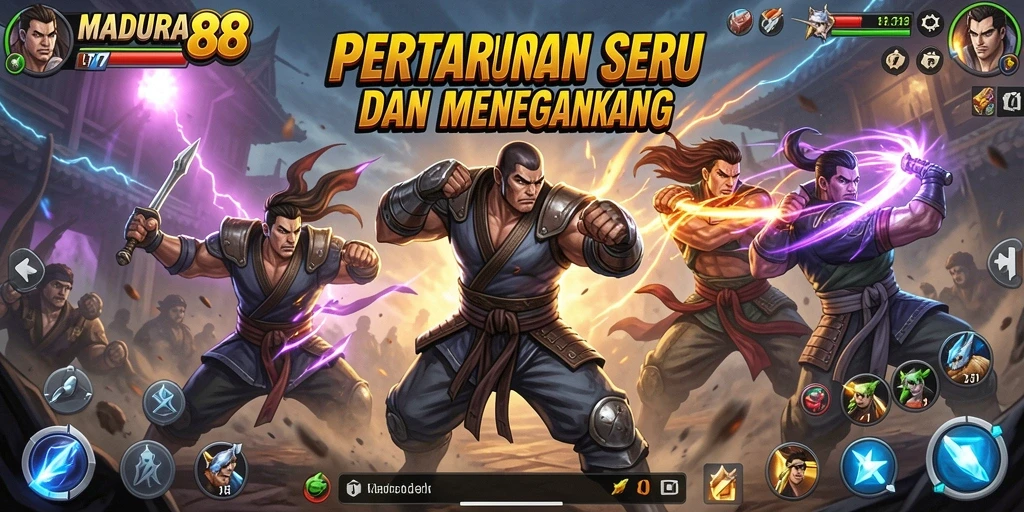 Screenshot gameplay <strong>MADURA88</strong> menampilkan pertarungan yang intens dan karakter yang menakjubkan.