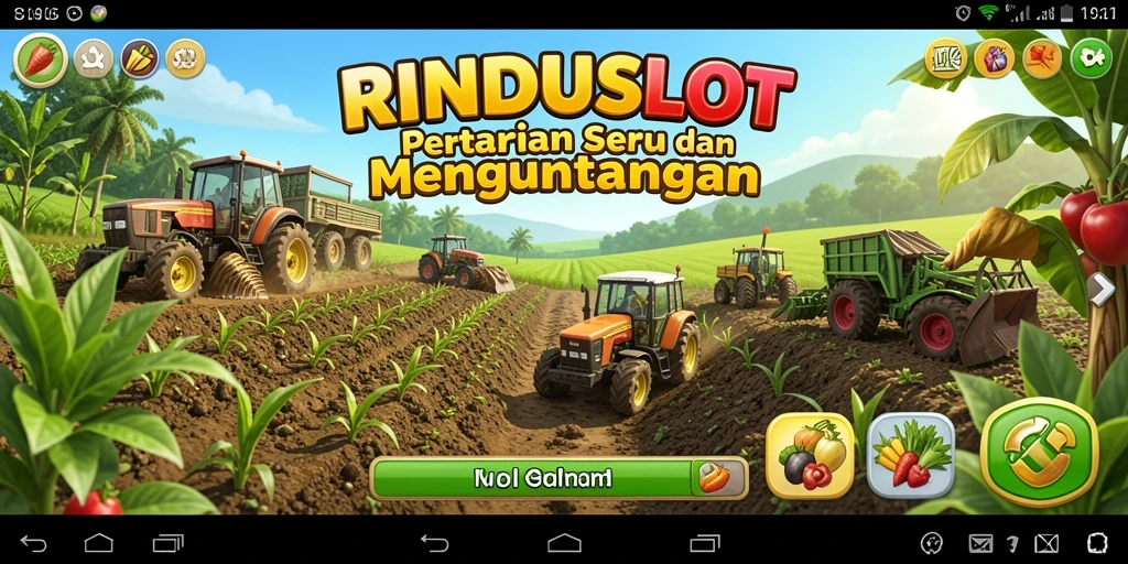 Tampilan gameplay RINDUSLOT menunjukkan kebun hijau dan hewan ternak yang lucu.
