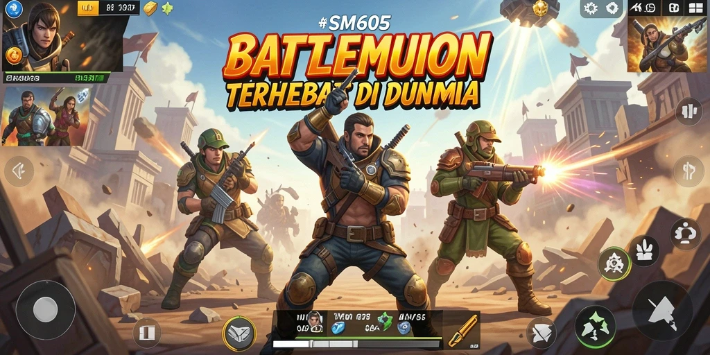 Screenshot SM605 menampilkan aksi pertempuran seru dalam dunia Battle Royale.